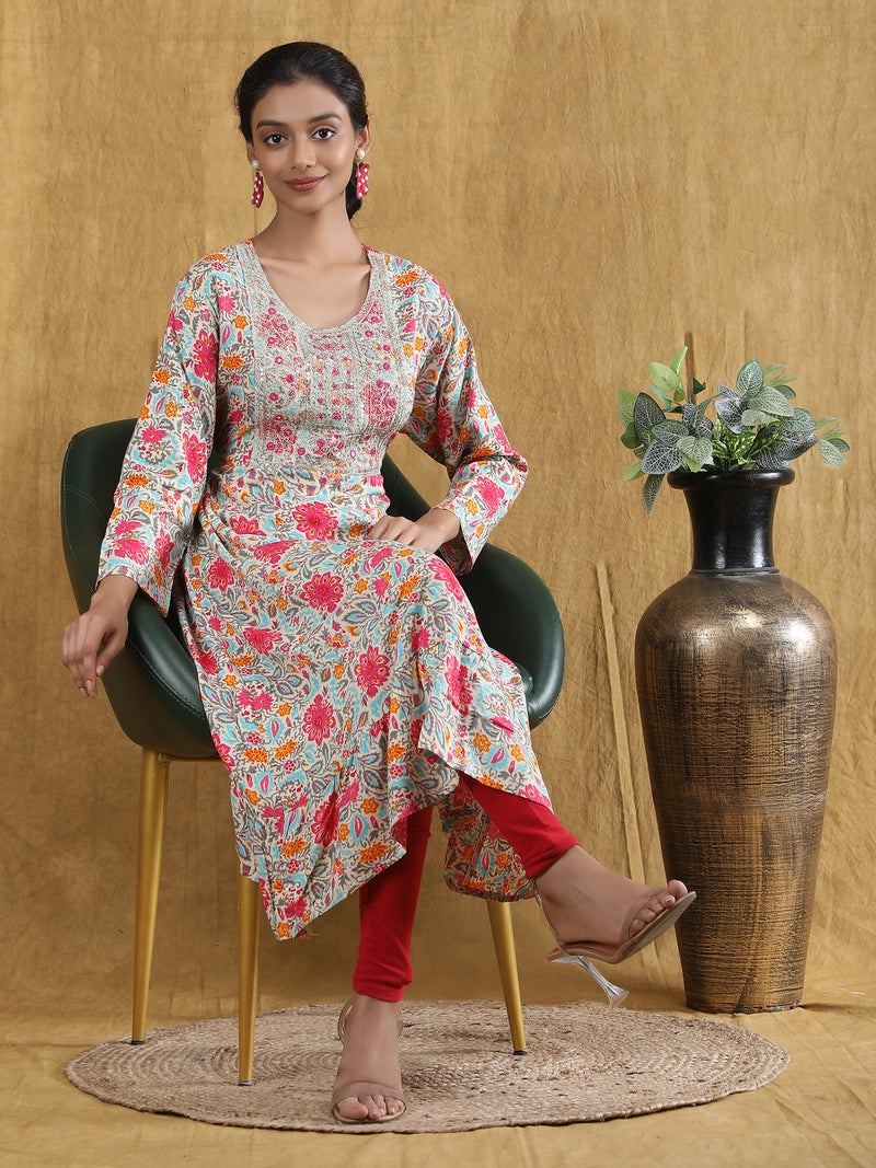 Shifory Floral Print Round Neck 3/4 Sleeve Pink Anarkali Kurti for Women - Image 2